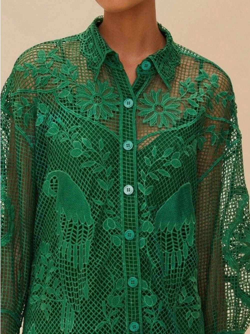Farm Rio Green Landscape Guipure Blouse / Button Up Shirt size Small - Picture 6 of 9